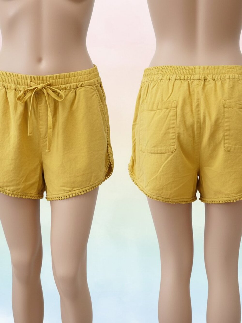 LOFT Outlet Running Shorts Yellow Pom Pom Trim Elastic Waist Drawstring